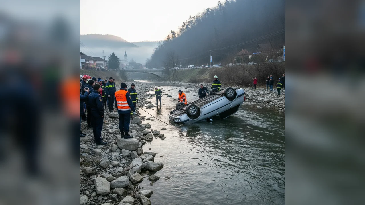 Autoturism răsturnat în râul Cerna, intervenție în curs
