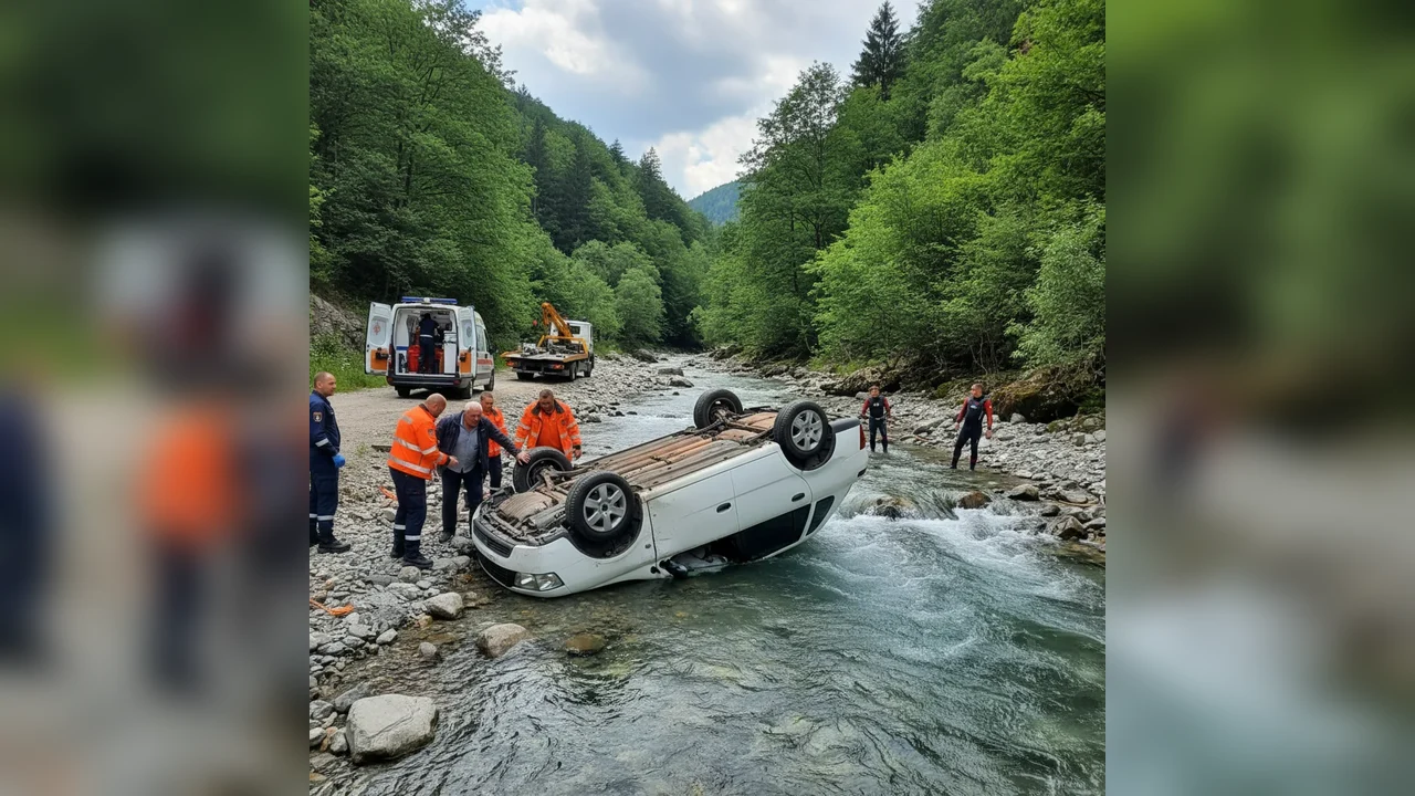 (FOTO-VIDEO) Mașină răsturnată în râul Cerna – Bărbat de 66 de ani transportat la spital