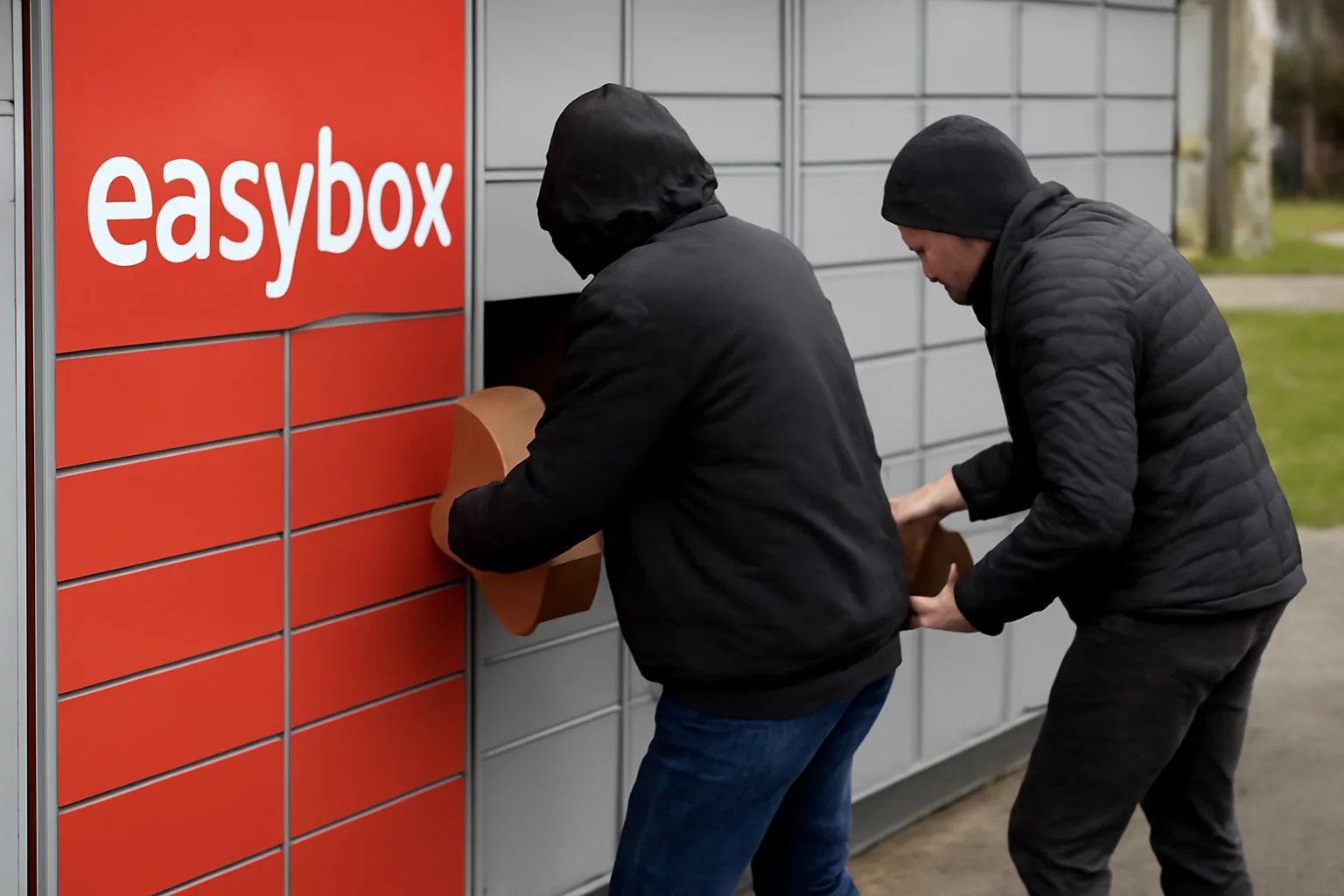 Hoți surprinși de camere în timp ce sustrăgeau colete dintr-un easybox (VIDEO)