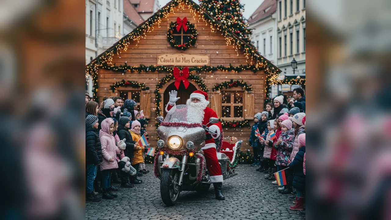 Moșul ajunge spectaculos pe motocicletă din lipsă de zăpadă