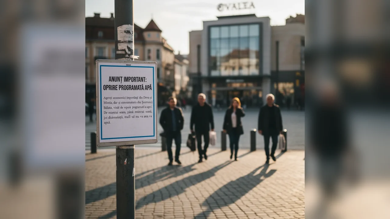 Oprire programată a apei miercuri seara până joi dimineață pentru agenții economici din Deva, Mintia și consumatorii din Șoimuș și Bălata; mall-ul va fi fără apă