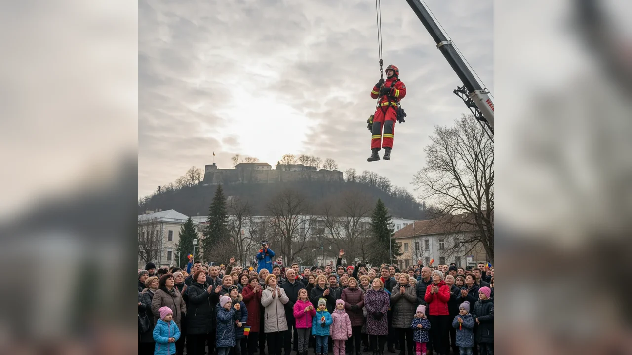 Pompier ISU Hunedoara suspendat deasupra mulțimii în timpul exercițiului de Ziua Națională