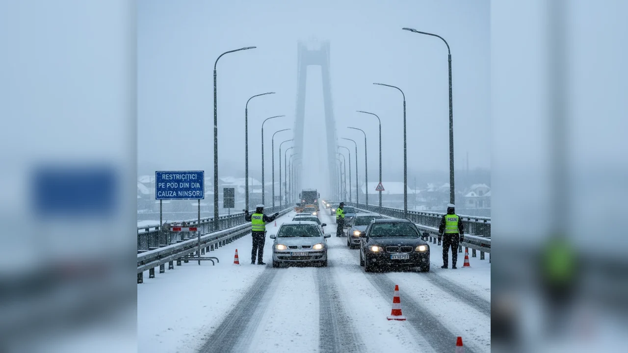 Trafic îngreunat pe Podul Prieteniei din cauza căderilor de zăpadă